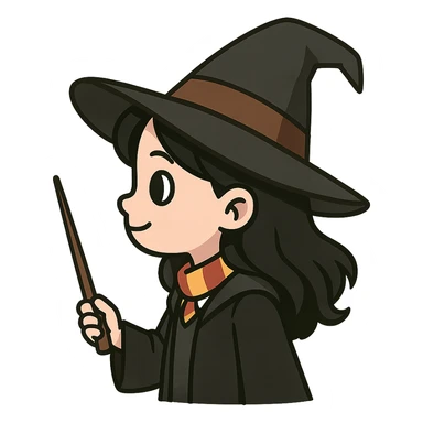 A cute witch with black hair and black eyes, Harry Potter style, facing left. sticker
