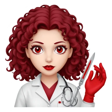 Lilith scalpel in hand, evil surgeon outfit.  She has red eyes. She has dark brown curly hair. Hair is long . Wears sexy doctor outfit with red gloves. Covers nose, neck and mouth with Muslims  sticker