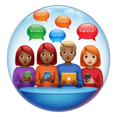 A group of people inside a separate colorful transparent bubble (blue, red, green, orange). They are each holding a smartphone or laptop. the bubbles are slightly overlapping, creating a modern and minimalist look. Realistic emoji style. sticker