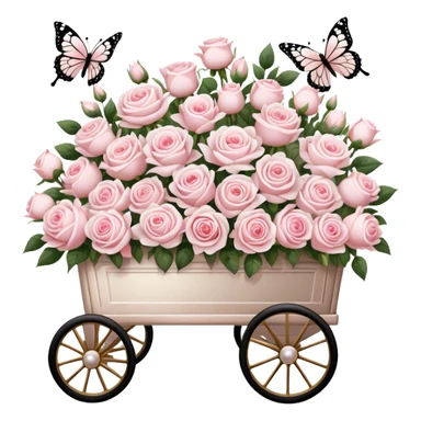 A nostalgic Parisian flower cart, overflowing with freshly picked pale pink roses and white peonies, its golden wheels glistening under the soft glow of lantern light, with pearl butterflies resting on the floral arrangements.
 sticker