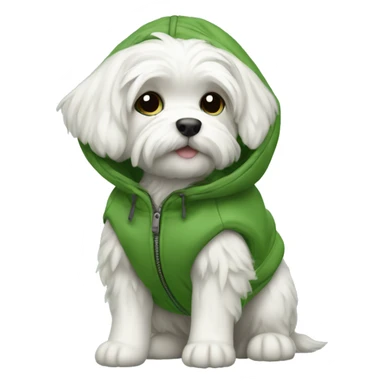 Maltese puppy wearing a green parka sticker