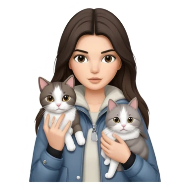 brunette Kendall Jenner with long hair holding on the hands one grey white cat in a jacket  sticker