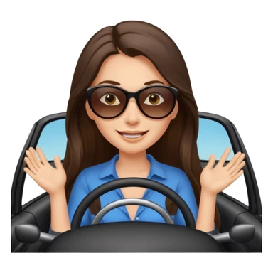 Brunette long hair driving car like crazy. Happy face confidence  sticker