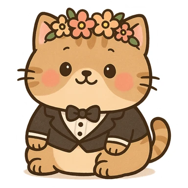 A chubby kitten wearing a tiny tuxedo and a flower crown, in a cute cartoon style sticker