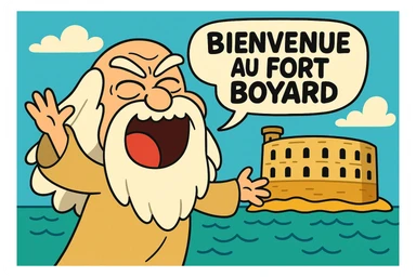 Père fouras  de fort boyard qui cri bienvenue au fort boyard // style enfantin dessin animé cartoons américain style gumball (  sticker