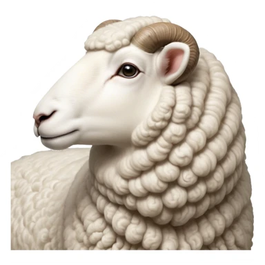 Cinematic Noble Sheep Portrait Emoji, Poised and regal, with a large, sturdy build and a luxuriously fluffy, well-groomed white fleece, deep-set soulful gentle eyes, Simplified yet sharp and sophisticated features, highly detailed, glowing with a soft, dignified glow, high shine, intelligent and calm, stylized with an air of pastoral majesty, focused and attentive, soft glowing outline, capturing the essence of a watchful and confident sheep, so majestic it feels as though it could amble out of the screen with effortless authority! sticker