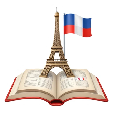 An icon featuring the Eiffel Tower and the flag of France, symbolizing the French language. The design includes an open book with French text, representing language learning and French culture. Transparent background highlights the elegance of the French-speaking world. sticker