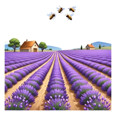 An expansive lavender field under a bright blue sky with fluffy white clouds, rows of fragrant purple flowers stretching into the distance, bees buzzing busily, a narrow dirt path winding through the field, and a rustic farmhouse visible far away, still life sticker