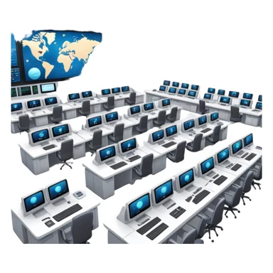 space mission control room with multiple screens and operators at desks sticker