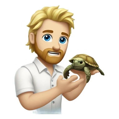 Man with blond spiked hair, beard, blue eyes, white shirt and wristwatch, holding a sea turtle with big eyes sticker