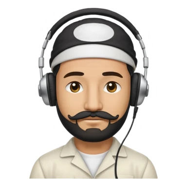 Half body man wearing white topi, lapray, black beard and moustache, headphones, eyes closed, realistic emoji style. sticker