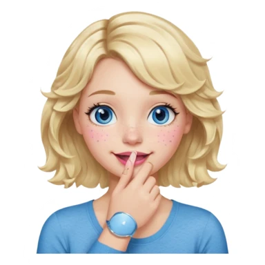 Girl Blonde short wavy hair,  blue eyes, cute blue top, long lashes, pink lips, smiling, hand covering the mouth sticker