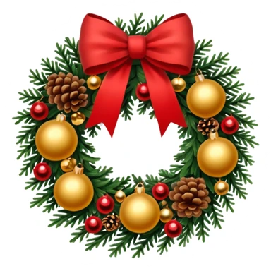A Christmas wreath made entirely of fir trees, decorated with a single red bow at the bottom, pine cones, and Christmas tree balls. sticker