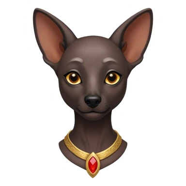 Cinematic Noble Xoloitzcuintle Portrait Emoji, Poised and regal, with a sleek, muscular build and smooth, hairless ebony skin accented by subtle wrinkles, deep-set soulful dark eyes, Simplified yet sharp and sophisticated features, highly detailed, glowing with a soft, dignified glow, high shine, intelligent and loyal, stylized with an air of ancient grace, focused and attentive, soft glowing outline, capturing the essence of a watchful and confident guardian, so majestic it feels as though it could stride out of the screen with effortless authority! sticker