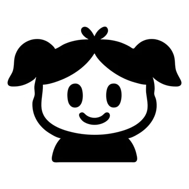 Monica Toy character as a solid filled icon, simplified features, strong silhouette sticker