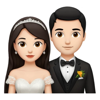A bride and a groom. The woman is with dark brown hair, the man with black  sticker