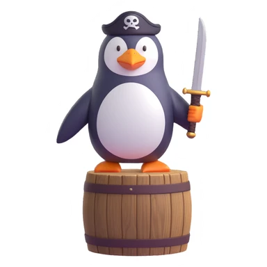a penguin pirate standing on a wooden barrel, with a sword sticker