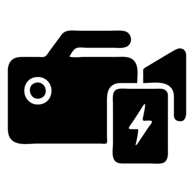 A Sony video camera in a black filled icon style, with a battery. sticker