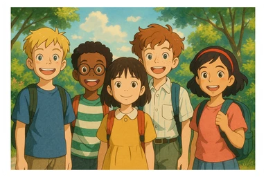 group of 5 diverse school students standing together smiling wearing backpacks ghibli style sticker