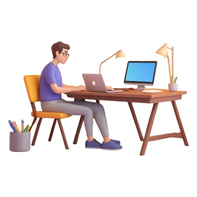 person working from home sitting at a desk with a laptop in a cozy room sticker