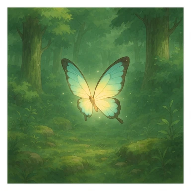 ghibli style butterfly in a lush forest, soft colors, magical atmosphere sticker