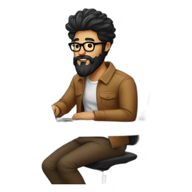Designer with black hair, beard and glasses working with MacBook and drinking cappuccino  sticker