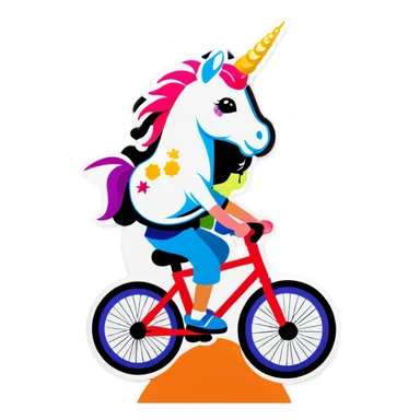 Boy riding a bike on back wheel with unicorn on Head sticker