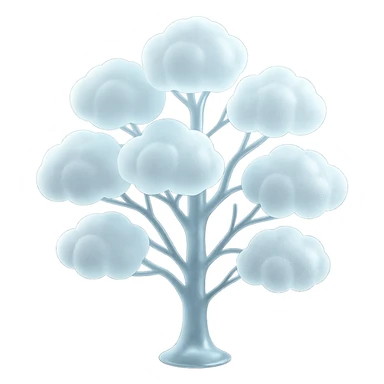 one tree with many branches and a white trunk, crown made of small very bright white fluffy convex clouds, matte glass style sticker