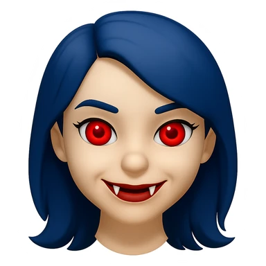 Make the character cute, not laughing, but add something to make her look scary such as fangs, glowing eyes, or a subtle sinister smile. She has blue hair, is a white girl, and has red eyes. Render in emoji style. sticker