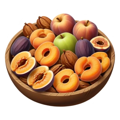 group of dried fruits including apricots, figs, dates, raisins, apple rings, arranged together, realistic texture, warm colors, slight wrinkles, soft shadows, 3D clean style, no bowl, transparent background sticker