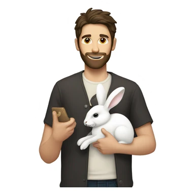 Brunette guy with a beard holds a white rabbit  sticker