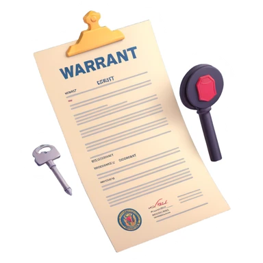 Make the paper of the 3D arrest warrant document icon more white, keeping the large 'WARRANT' at the top, body text, signature, and official stamp at the bottom. Maintain the 3D, icon style with bright lighting and transparent background. sticker