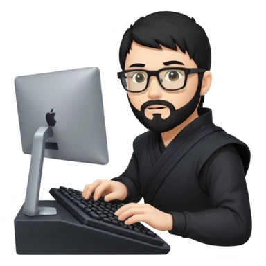 Man with black hair and beard wearing glasses in a ninja costume typing on a computer keyboard sticker