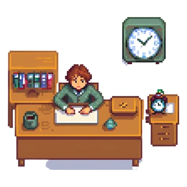 character at a desk looking at a clock, dreaming of the weekend sticker