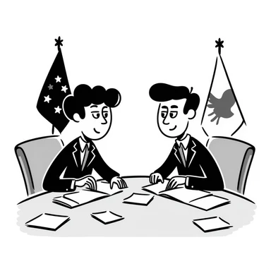 A diplomat negotiating at a conference table with documents and a flag sticker