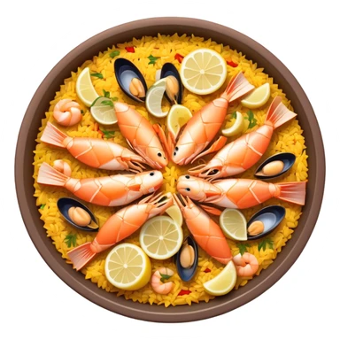 cinematic-realistic-paella-dish-emoji,-depicted-as-a-vibrant,-aromatic-rice-dish-loaded-with-seafood,-chicken,-and-saffron-rendered-with-rich-textures-and-dynamic,-warm-lighting with a lemon slice in the middle sticker