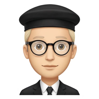 Jewish man with glasses, black suit, payot, kippah sticker