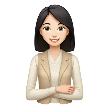 A woman with light to medium-toned skin, black shoulder-length straight hair, almond-shaped eyes, joyful smile, wearing a white long-sleeve top and a light beige sleeveless open-front vest, exuding warmth and elegance. sticker