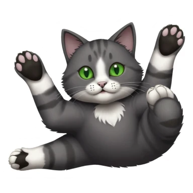 solid dark grey cat with green eyes, completely solid grey face, white toes/paws playing rolling upside down sticker