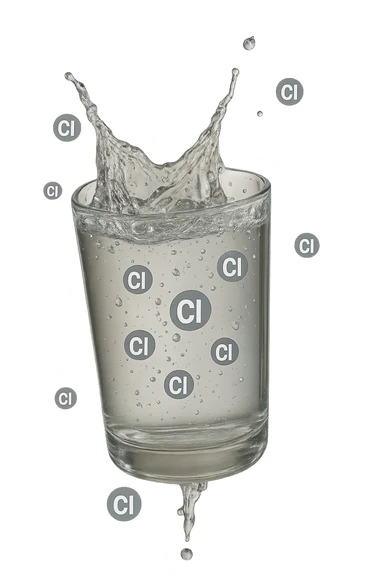 un bicchiere di acqua cade verticalmente dall'alto realistico e dettagliato, dentro l'acqua del bicchiere ci sono particelle di cloro ben visibili con la scritta "Cl" sopra, ci sono particelle anche che escono dal bicchiere e fluttuano in aria verticalmente, mentre alcune sono all'interno dell'acqua nel bicchiere, iperrealistico 4k sticker