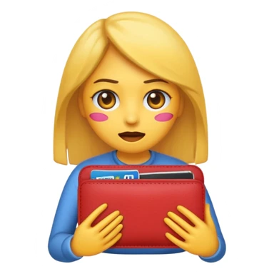 Emoji de chica muy desesperada, llorando, con ojos grandes y lágrimas, sosteniendo una billetera vacía al revés, estilo emoji minimalista, dramatismo exagerado, fondo transparente. sticker