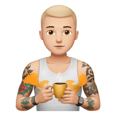 a white short guy wearing a white tank top with a buzz cut drinking a cup of coffee, hes got tattoos on his arms sticker