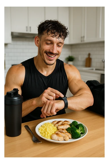 a fit man in his 30s, still in gym clothes and slightly sweaty, sits at a kitchen table right after a workout. In front of him is a balanced meal with a generous portion of rice, pasta, or potatoes, along with lean protein and vegetables. He checks his watch or a fitness app, smiling with satisfaction as he times his post-workout meal. The background is a bright, modern kitchen, with a shaker bottle and gym bag visible. in italiano sticker