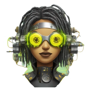 Neon yellow bobbed hair Latina female cyborg head with silver steampunk goggles and circuits sticker