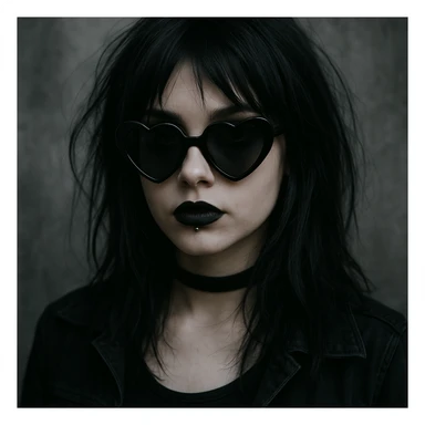 emo girl with heart-shaped sunglasses, dark hair, mysterious vibe sticker