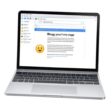 Create an emoji representing blogging as a form of content creation. The design should feature a laptop or desktop computer with an open blog page on the screen, showing visible text and perhaps a photo or graphic. Make the background transparent. sticker