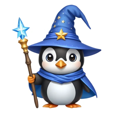 A cute penguin dressed as a wizard with a pointed blue hat with stars, holding a magical wand sticker