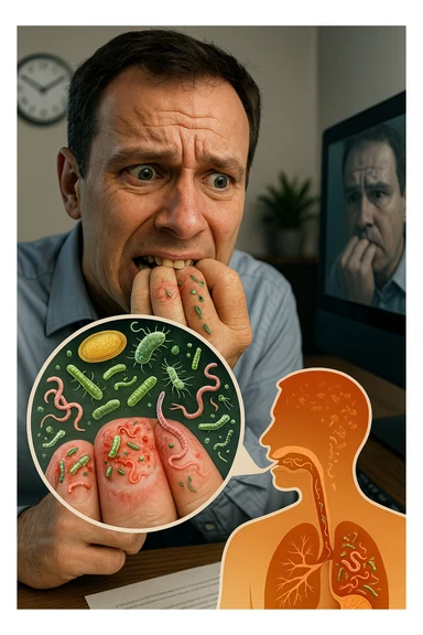 Anxious man at office desk unconsciously biting fingernails, microscopic overlay showing parasitic eggs and bacteria concentrated under nail beds, worms and microorganisms being consumed with each bite, expression of nervous habit unaware of contamination, computer screen reflecting his stress while he infects himself, fingertips raw and bleeding from chronic nail-biting, invisible parasite colonies entering his digestive system sticker