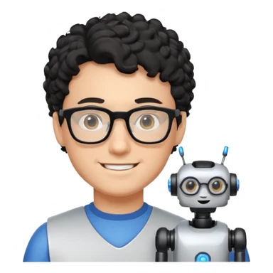 a boy robotics teacher, with black curly short hair, wearing glasses sticker