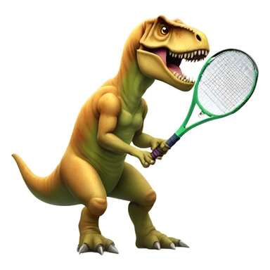 T. rex playing tennis with a missing arm  with angry face sticker